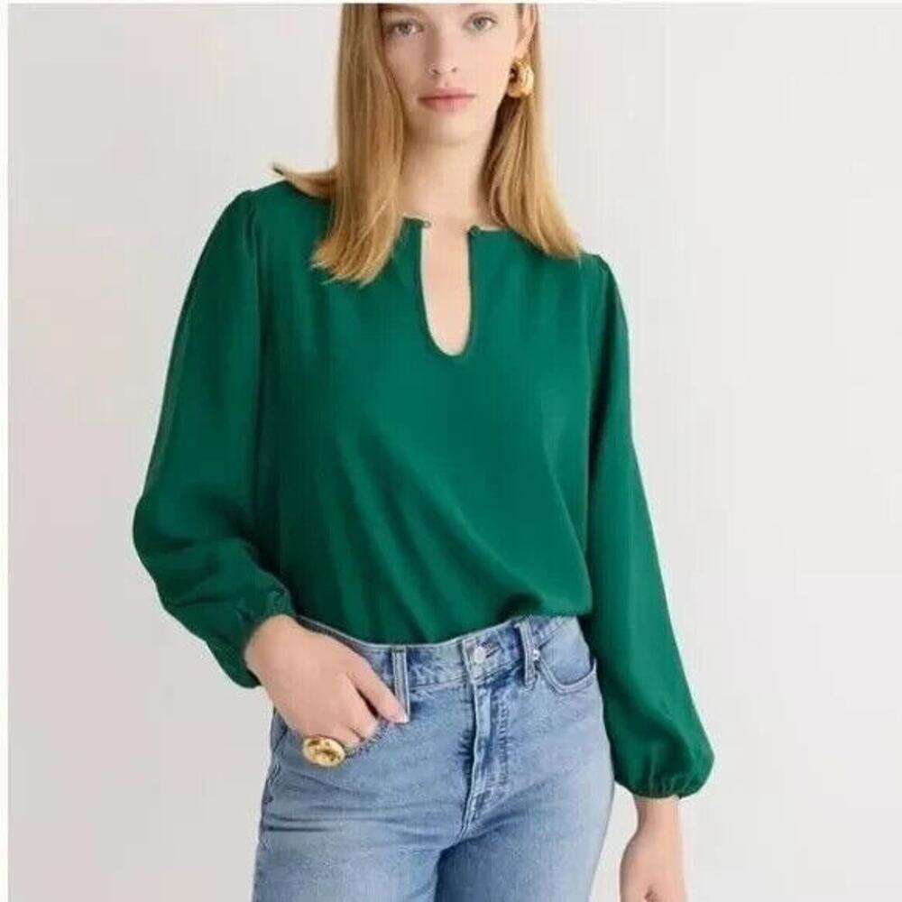 J. Crew Puff Sleeve Satin Back Crepe Top Emerald Green Blouse M NEW Office Chic - Picture 12 of 13